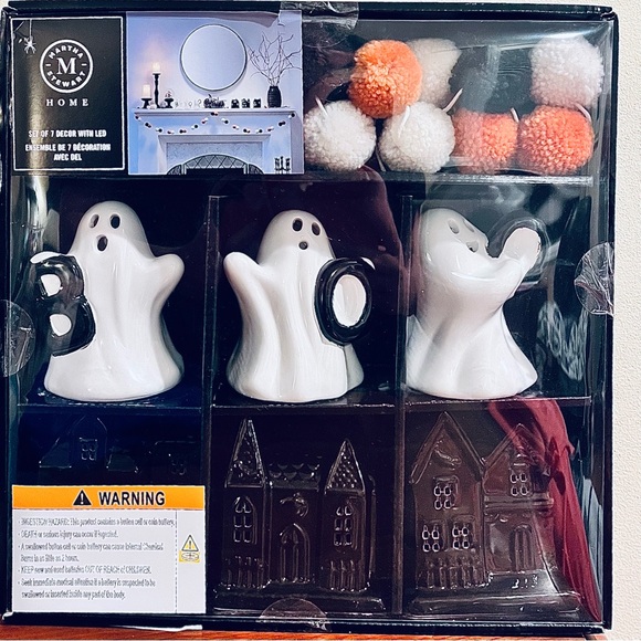 Martha Stewart Other - 🆕- MARTHA STEWART ORANGE LED HAUNTED HOUSE, BOO GHOSTS & POMPOM GARLAND 7 PC SET